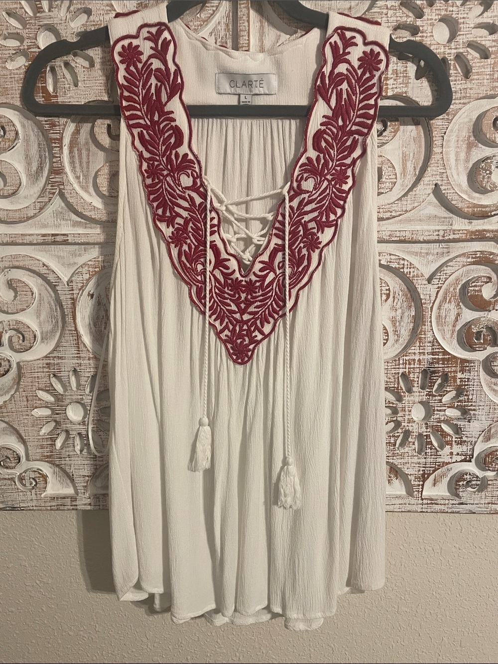 CLARTÉ White Boho Tunic Top with Red Embroidered Accent